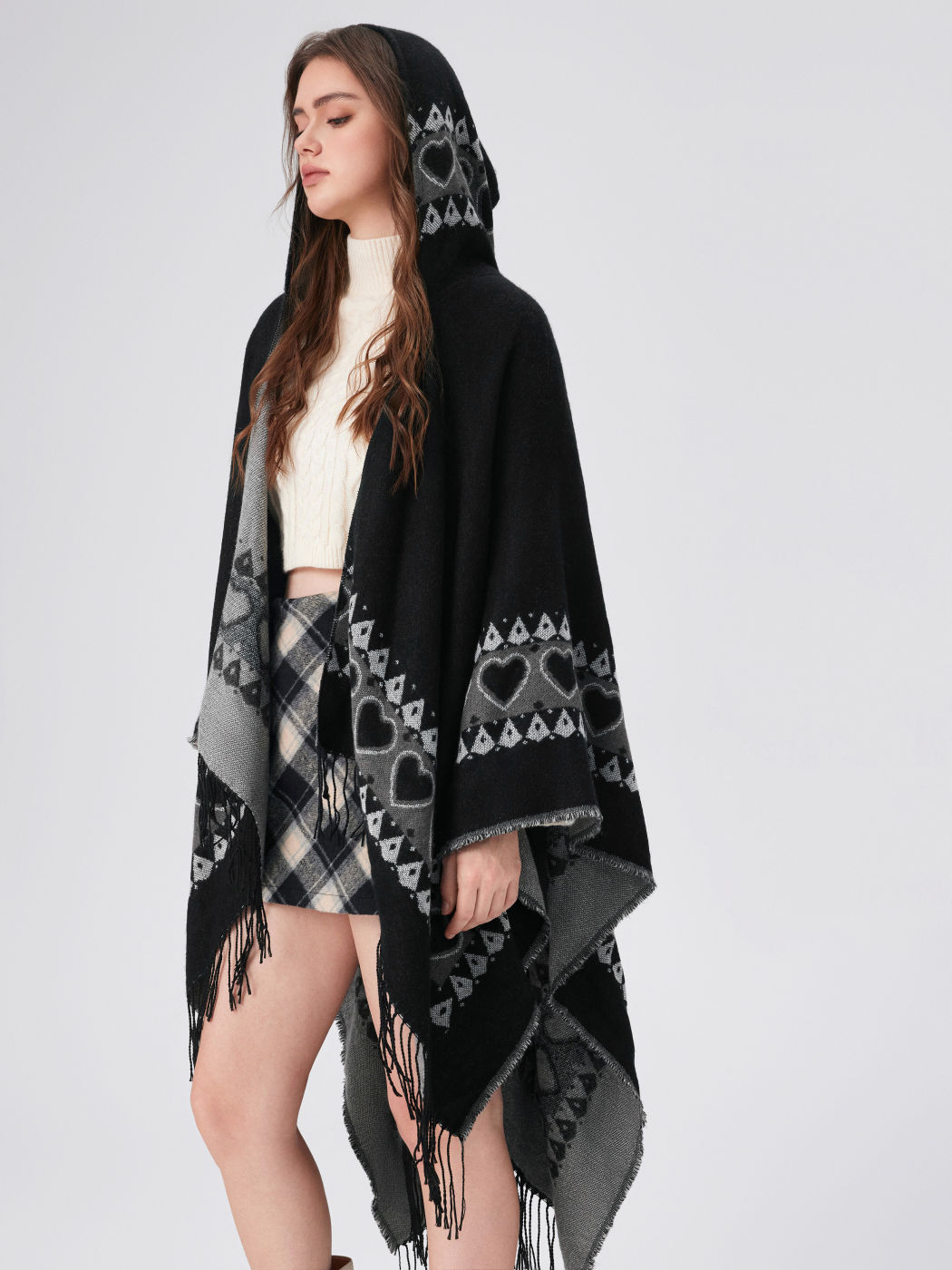 HEART PLAID TASSEL SHAWL