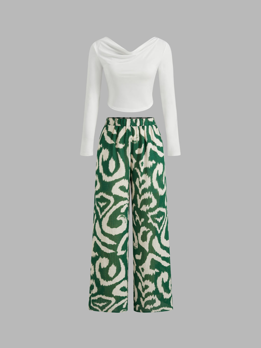 Cowl Neck Solid Long Sleeve Top & Mid Rise Abstract Graphic Wide Leg Trousers Set