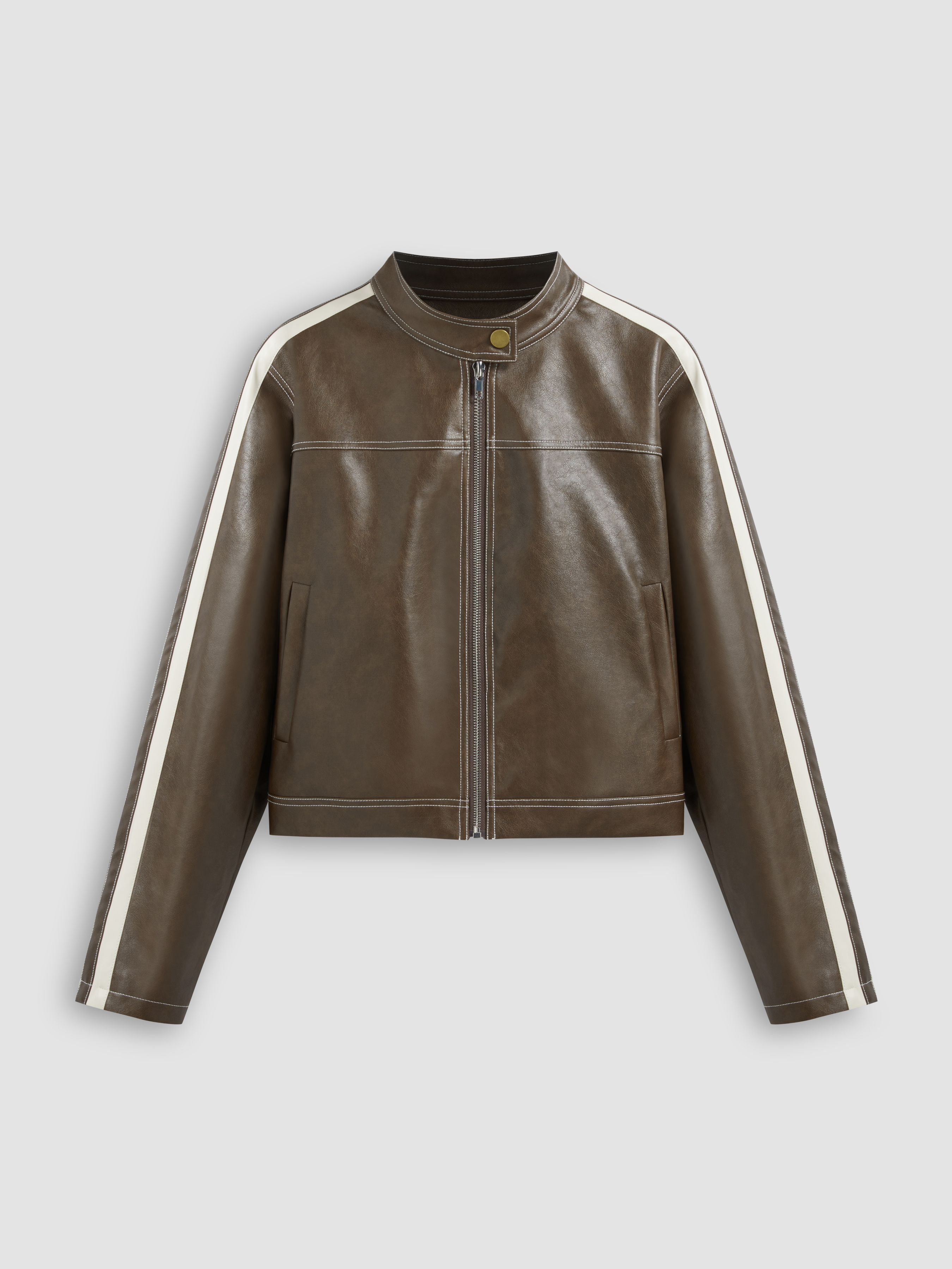 める　CIDER フェイクレザースタンドカラージッパーバイカージャケット フェイクレザースタンドカラーソリッドジッパーポケットバイカー