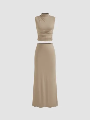 High Neck Ruched Crop Tank Top & Maxi Skirt Set