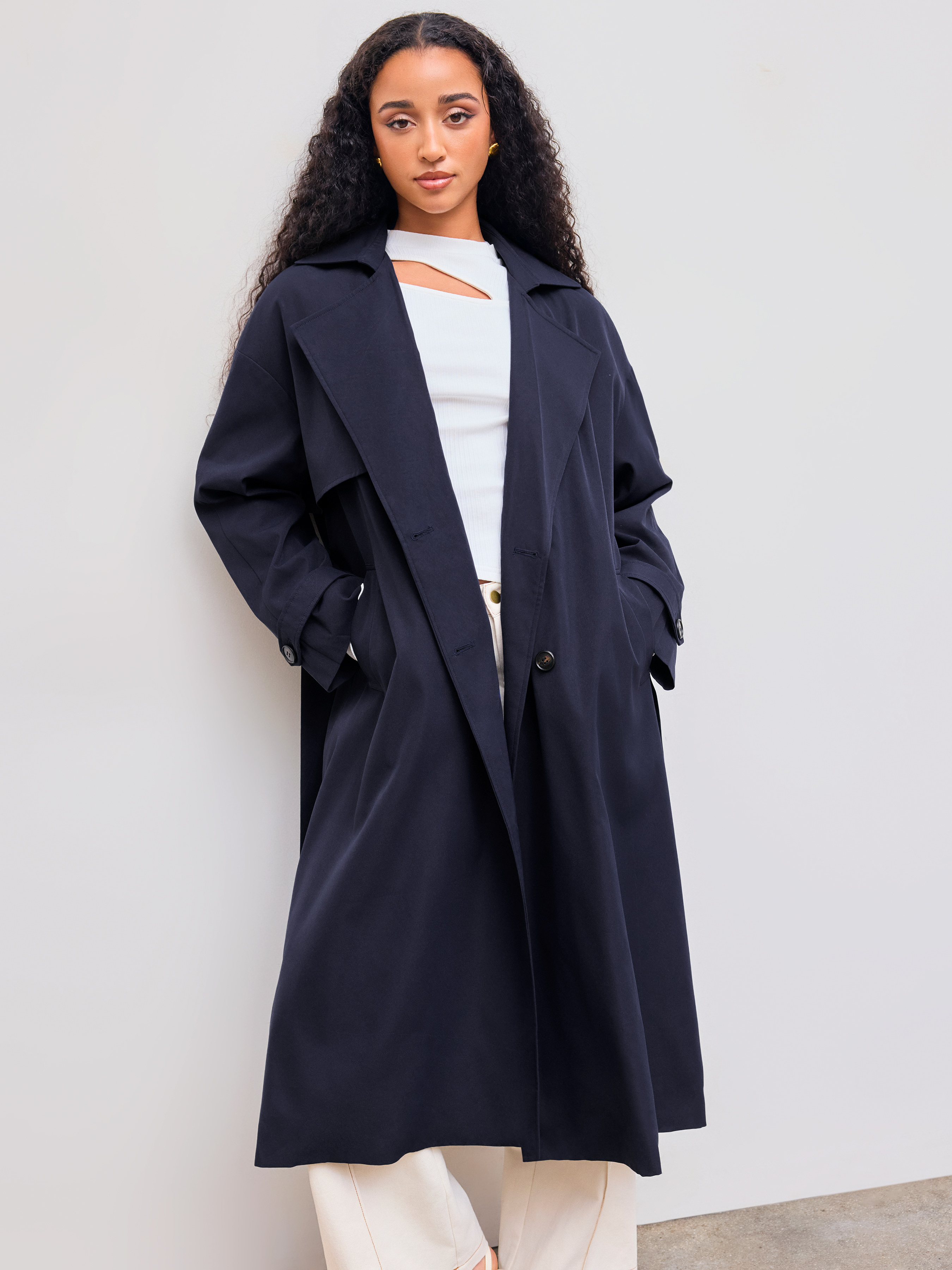 Collar Solid Button Pocket Trench Coat With Belt For Daily Collar Solid Button Pocket Trench Coat With Belt For Daily