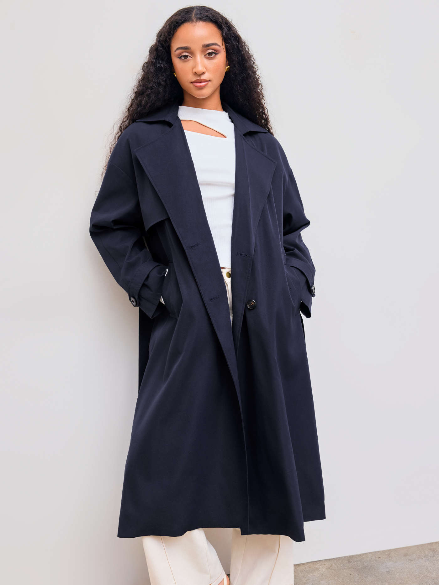 Collar Solid Button Pocket Trench Coat With Belt