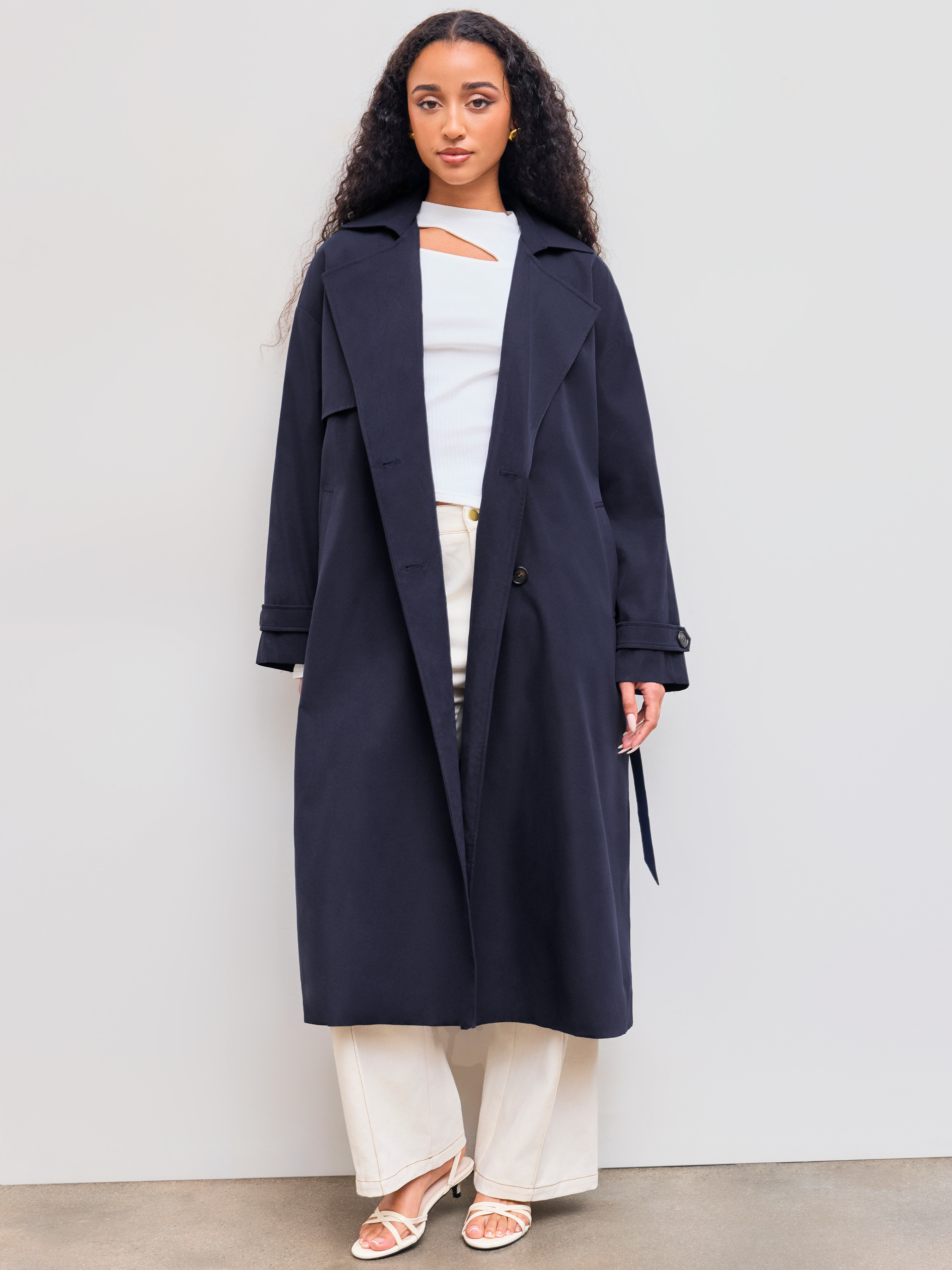 Collar Solid Button Pocket Trench Coat With Belt For Daily Collar Solid Button Pocket Trench Coat With Belt For Daily