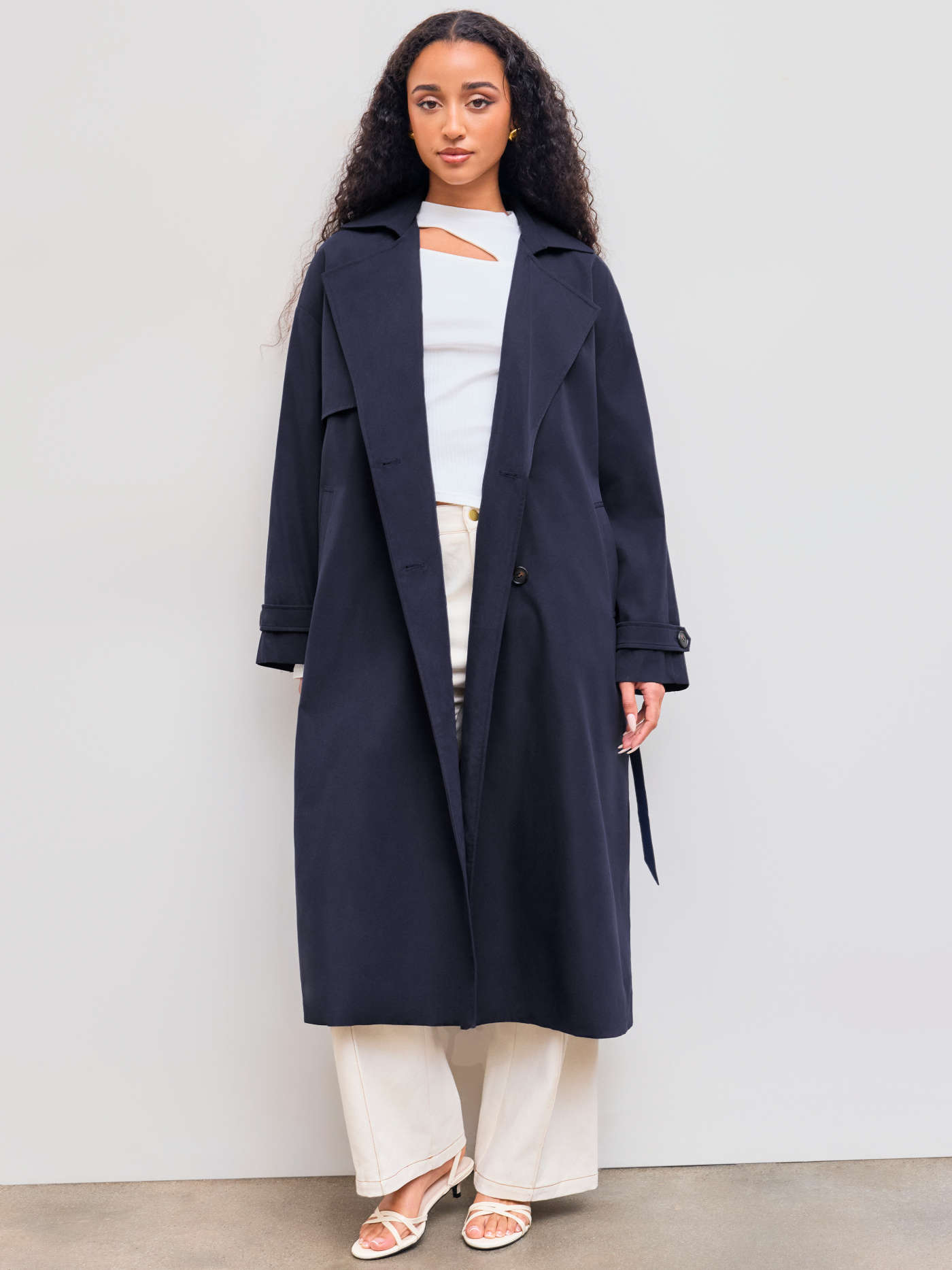 Collar Solid Button Pocket Trench Coat With Belt