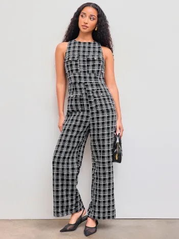 Tweed Rundhalsausschnitt Karo-Taschen Overall