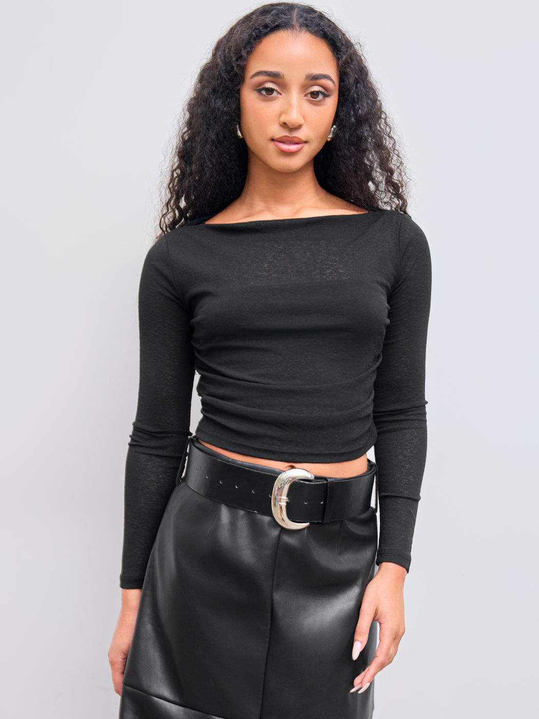 Boat Neck Long Sleeve Two-piece Top