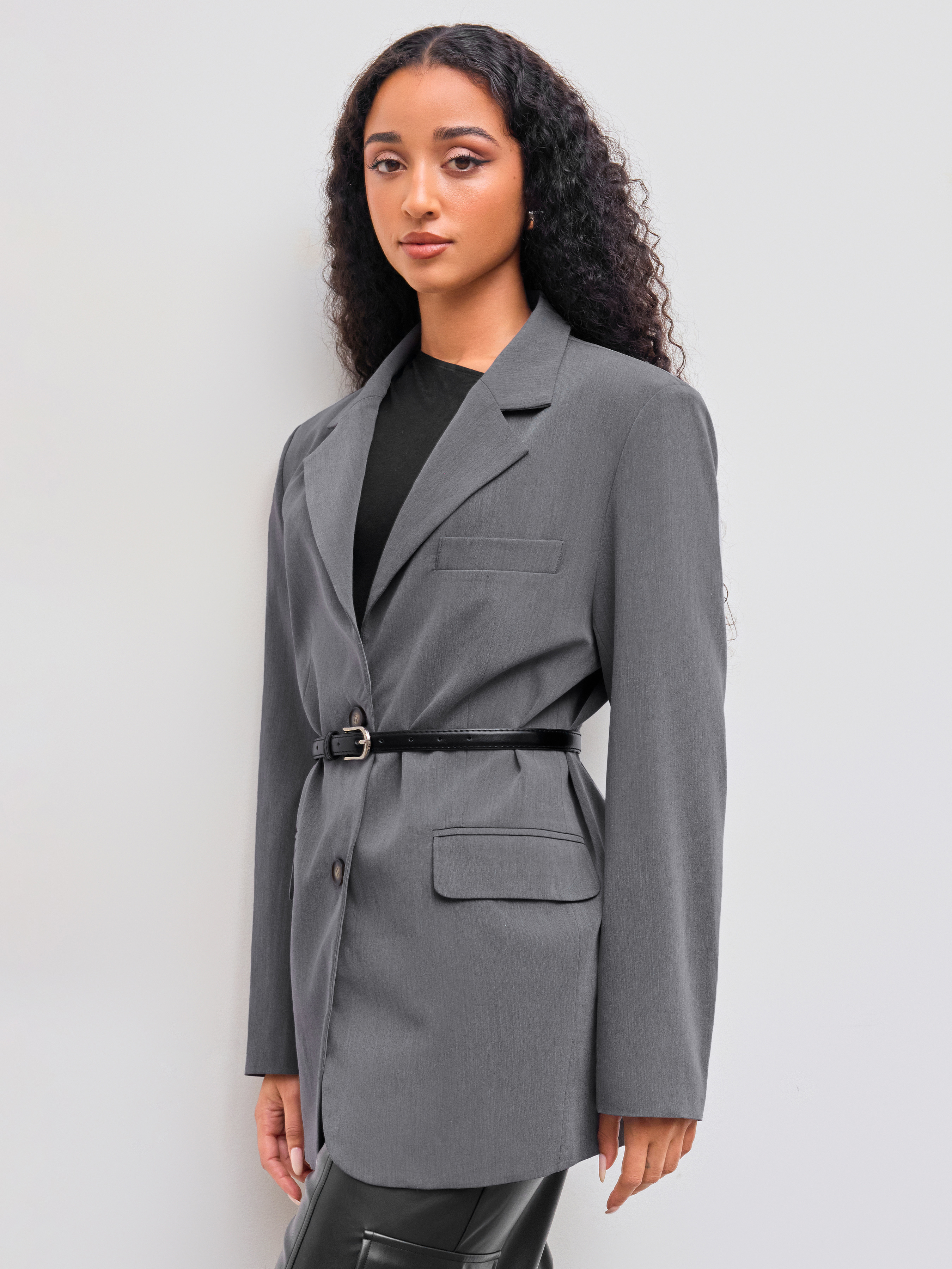 Woven Collar Solid Pocket Oversized Blazer With Belt For