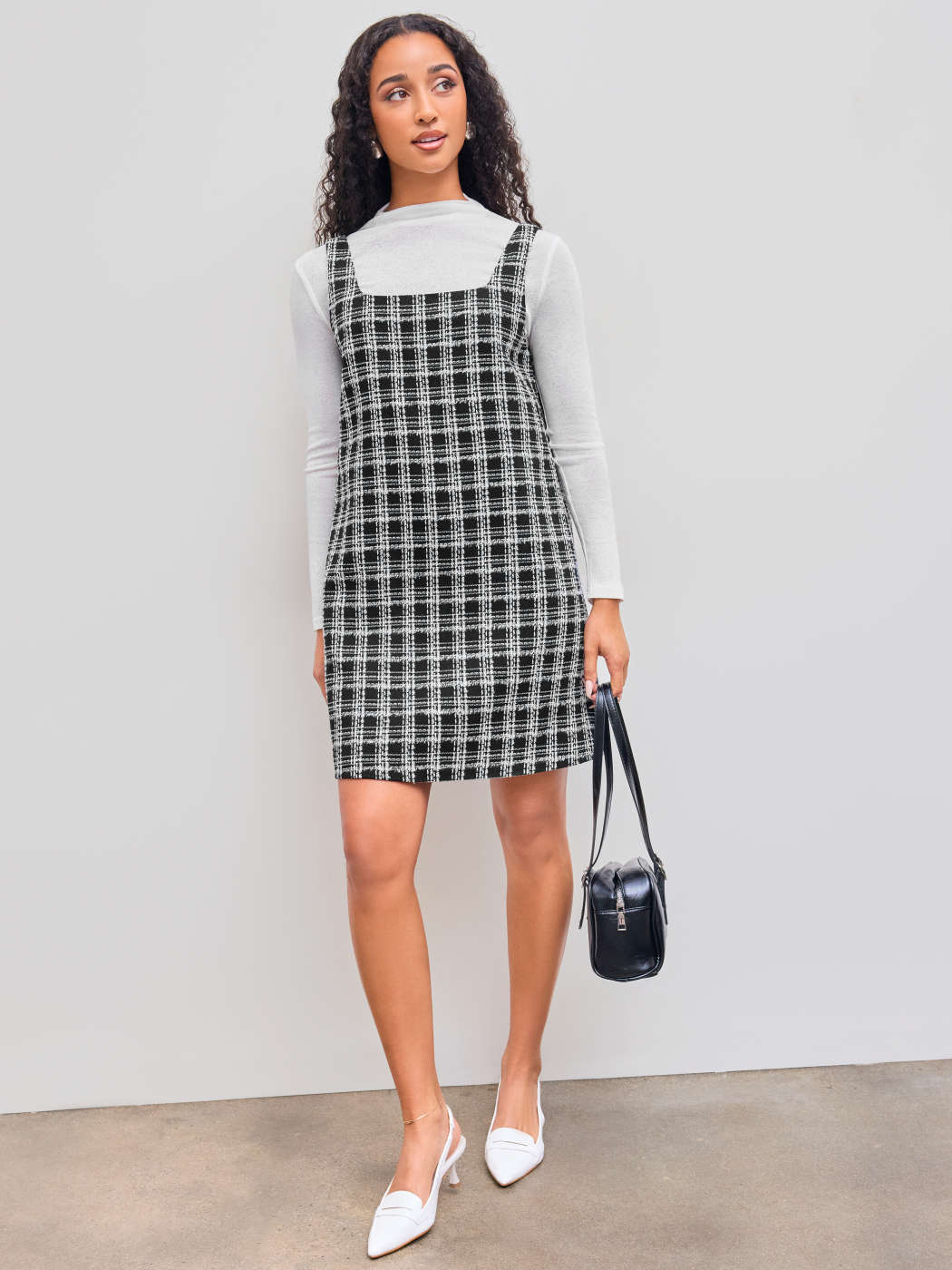 Tweed Tweed Square Neck Check Mini Dress Solid Long Sleeve Top