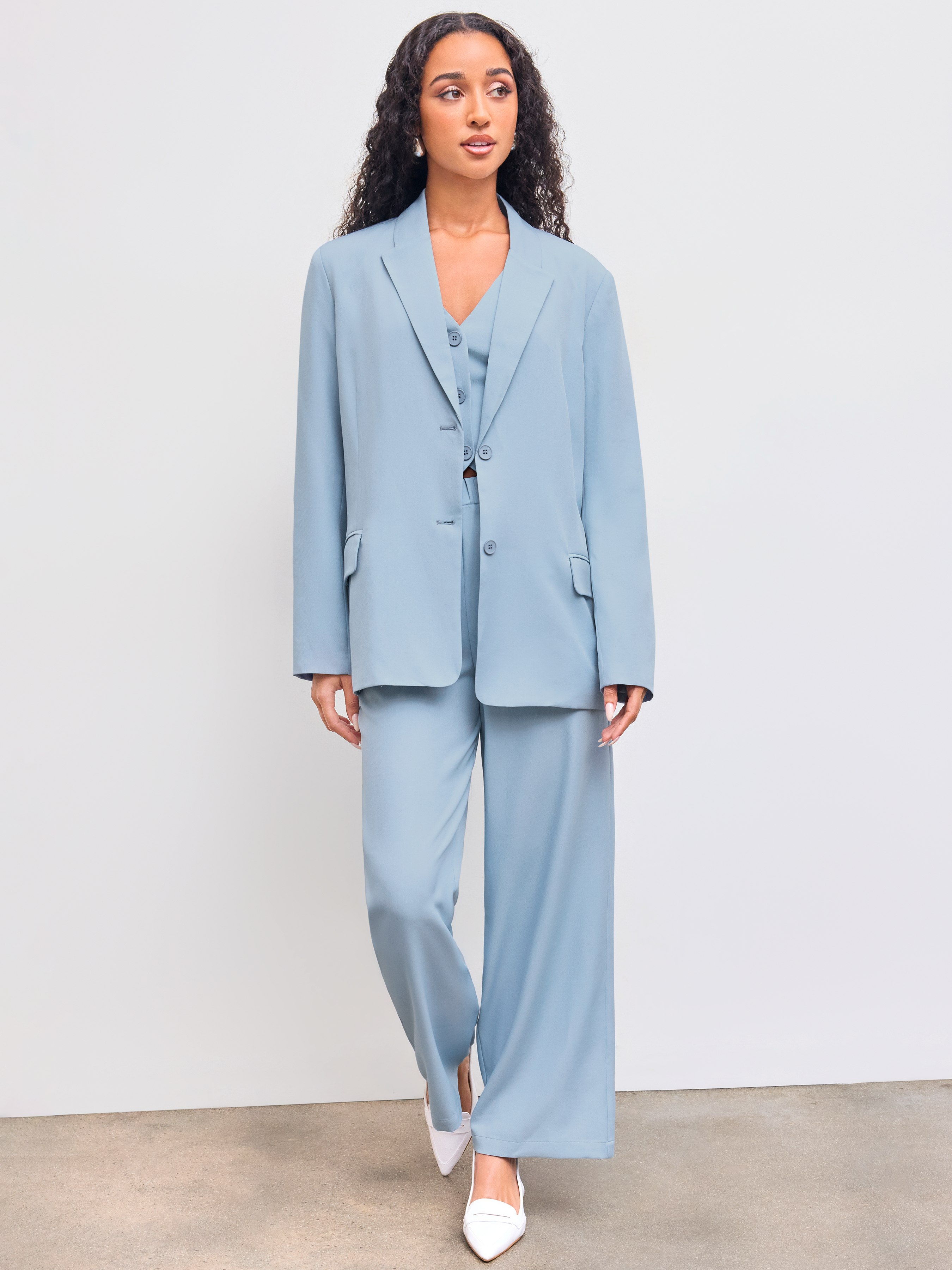 Woven Collar Solid Pocket Oversized Blazer For Daily Casual Work