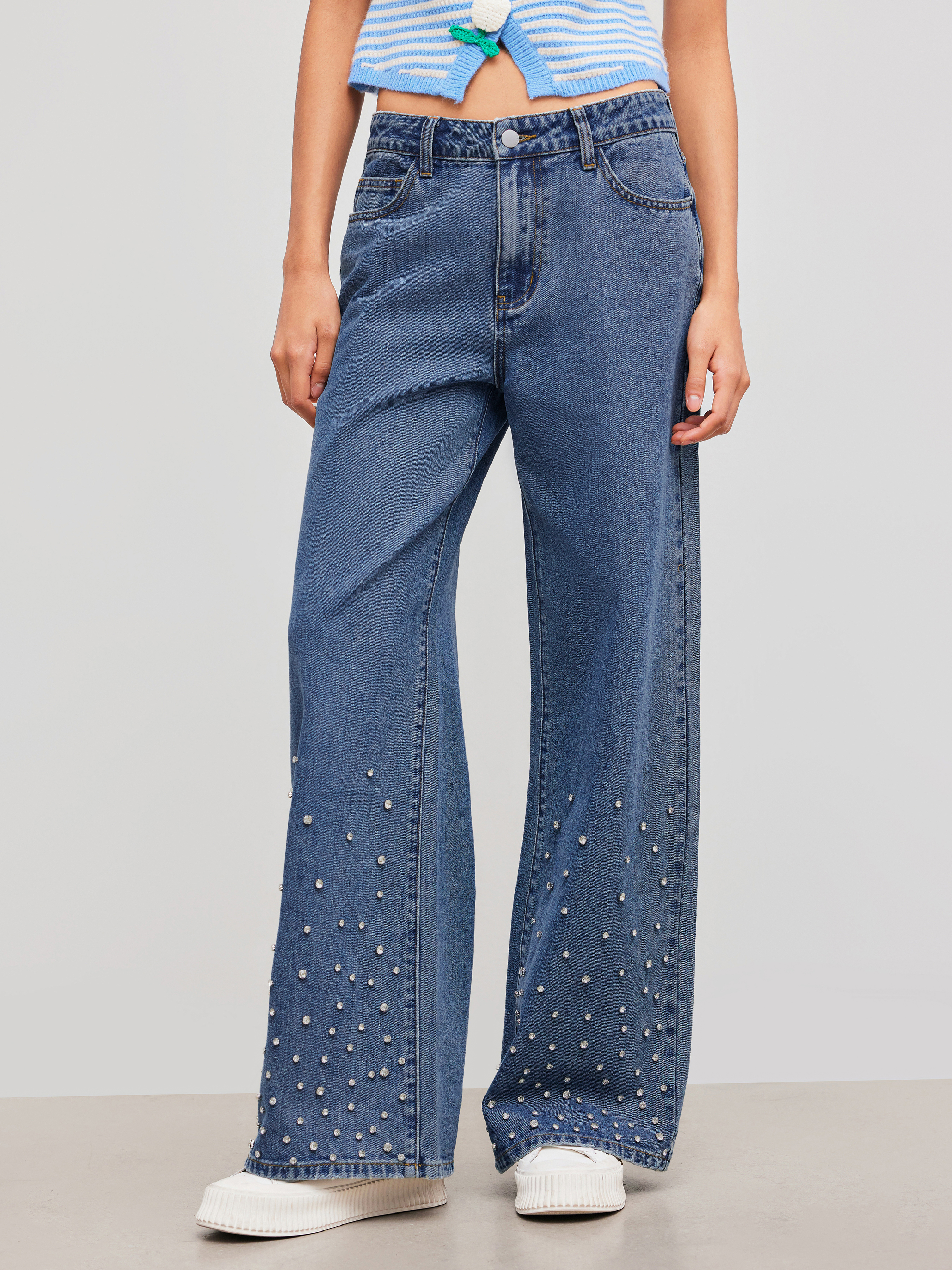 【mnem】Soda cutout washed denim Denim Cider Denim Mid Rise Rhinestone Detail Solid Pocket