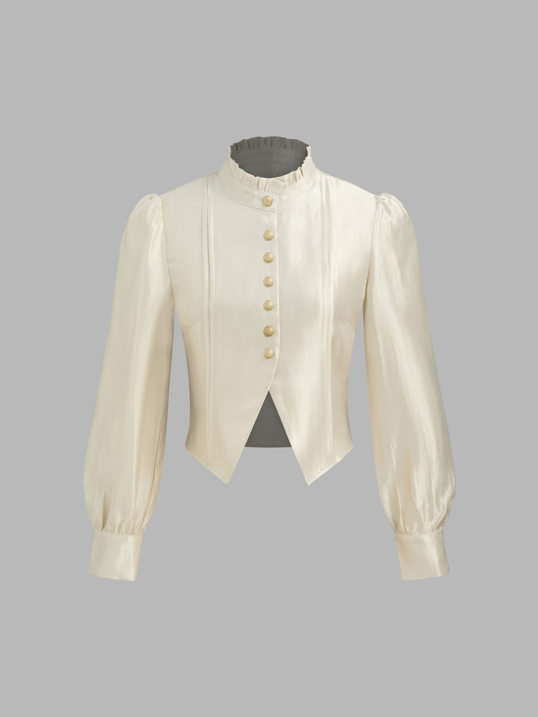 High Neck Solid Button Lettuce Trim Long Sleeve Blouse