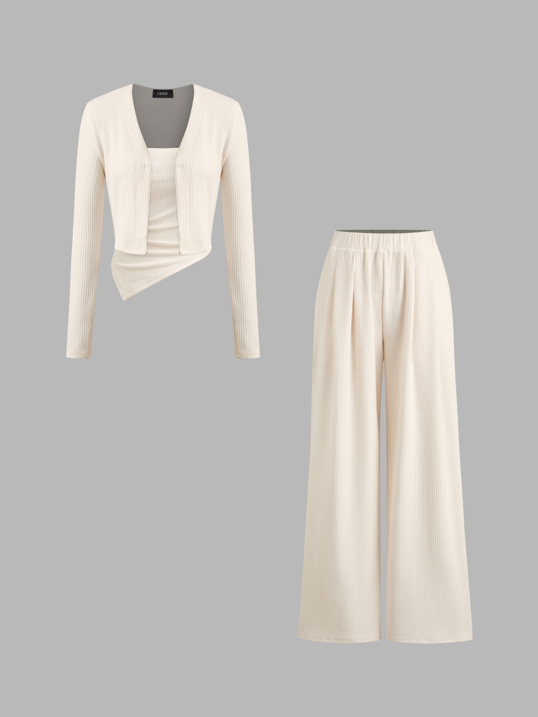 3pcs Solid Cardigan & Ruched Tube Top & Mid Rise Elastic Waist Wide Leg Trousers Set
