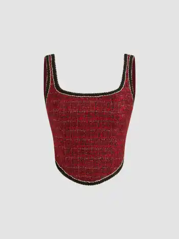 Tweed Scoop Neckline Contrasting Binding Crop Tank Top 