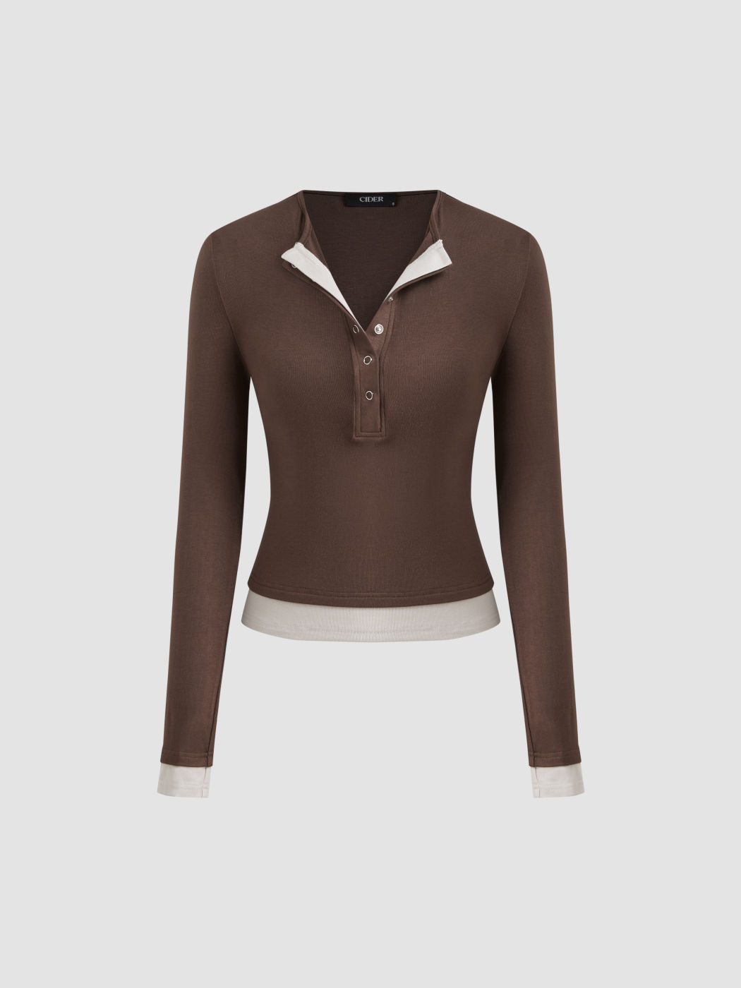 Round Neckline Contrasting Binding Long Sleeve Top