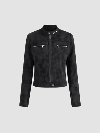 Wildleder High Neck Zipper Pocket Biker Jacke