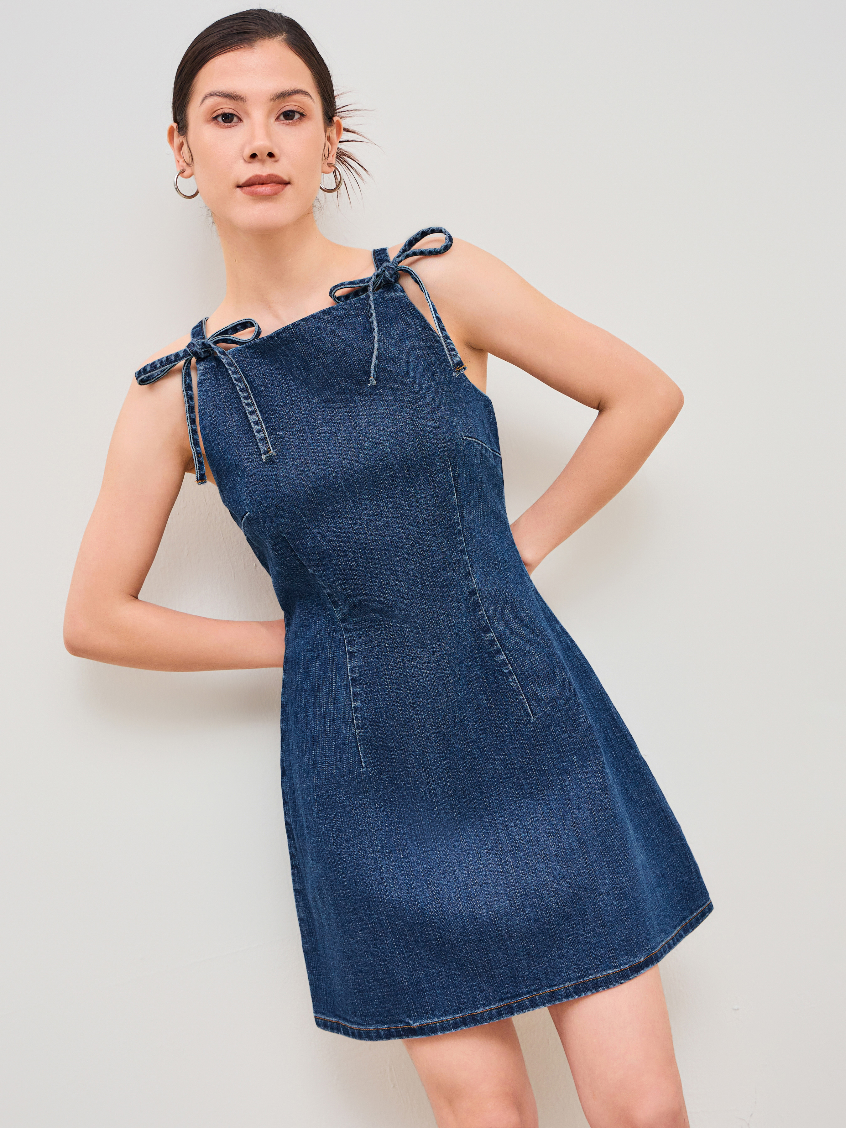 【Cider】デニム バックルアップ ミニ ドレス Denim Stretch Denim Solid Zipper Knotted Mini Dress For