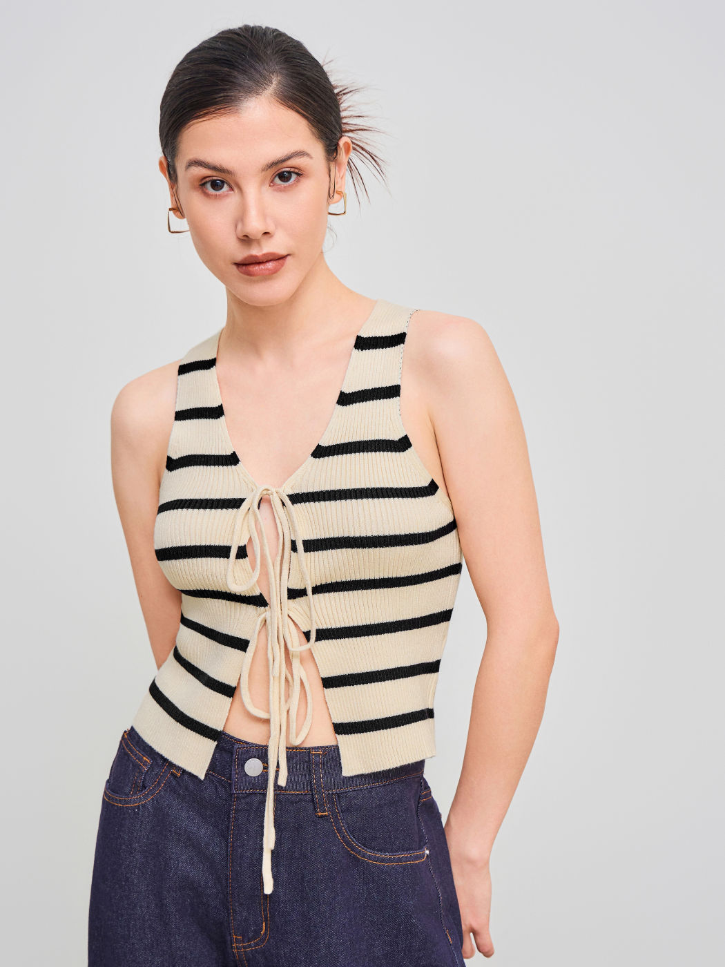 Knitted V-neck Striped Tie Front Crop Vest