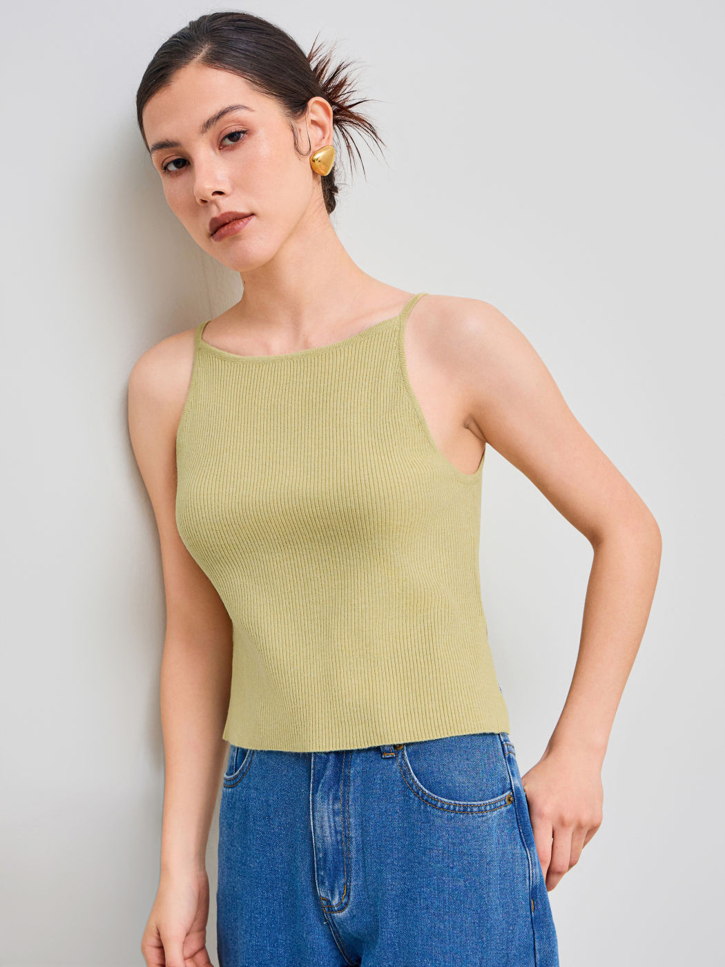 Knit Solid Split Crop Cami Top