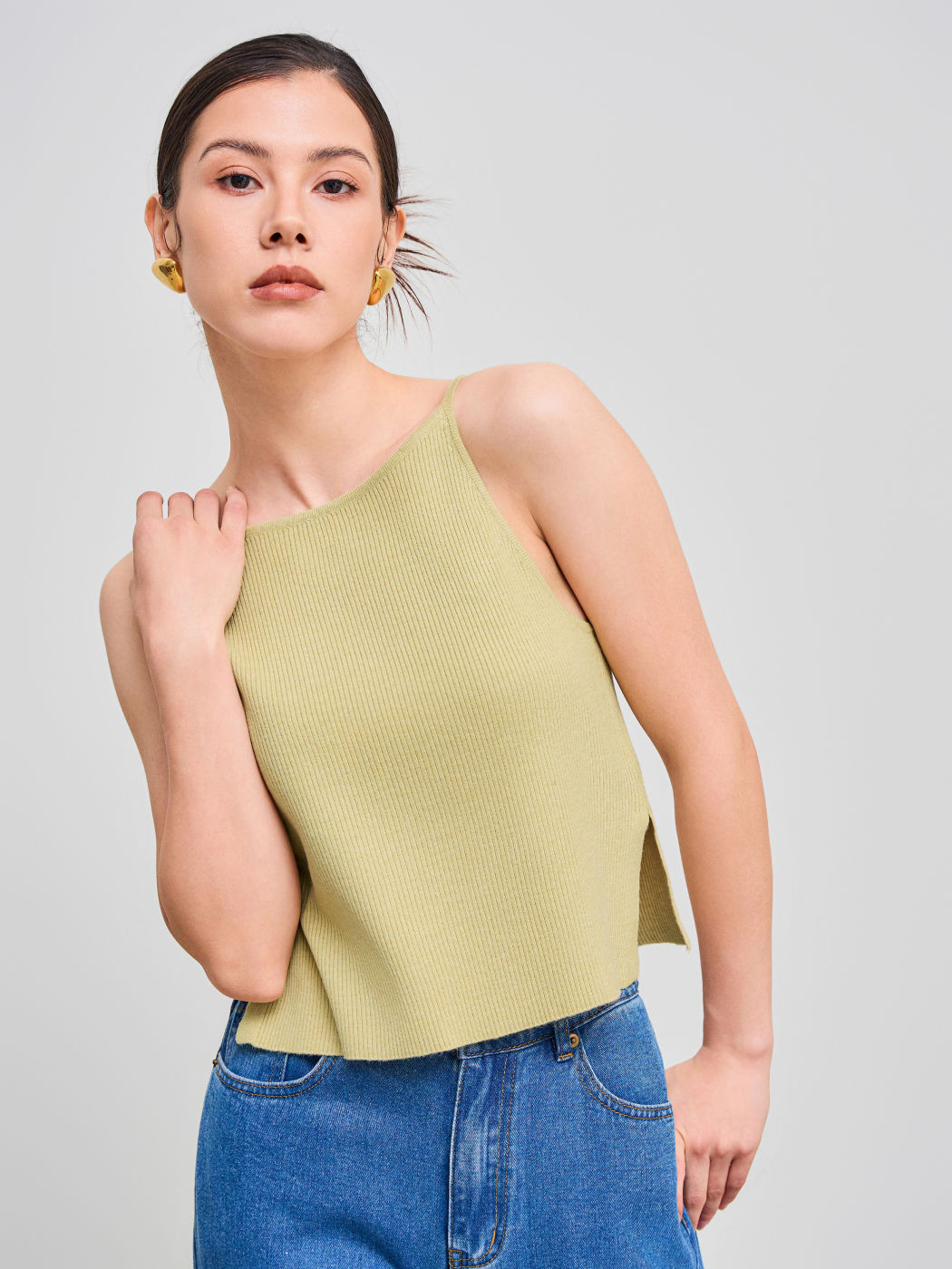 Knit Solid Split Crop Cami Top