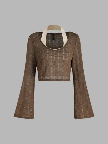  Distressed Bell Sleeve Crop Top & Halter Top
