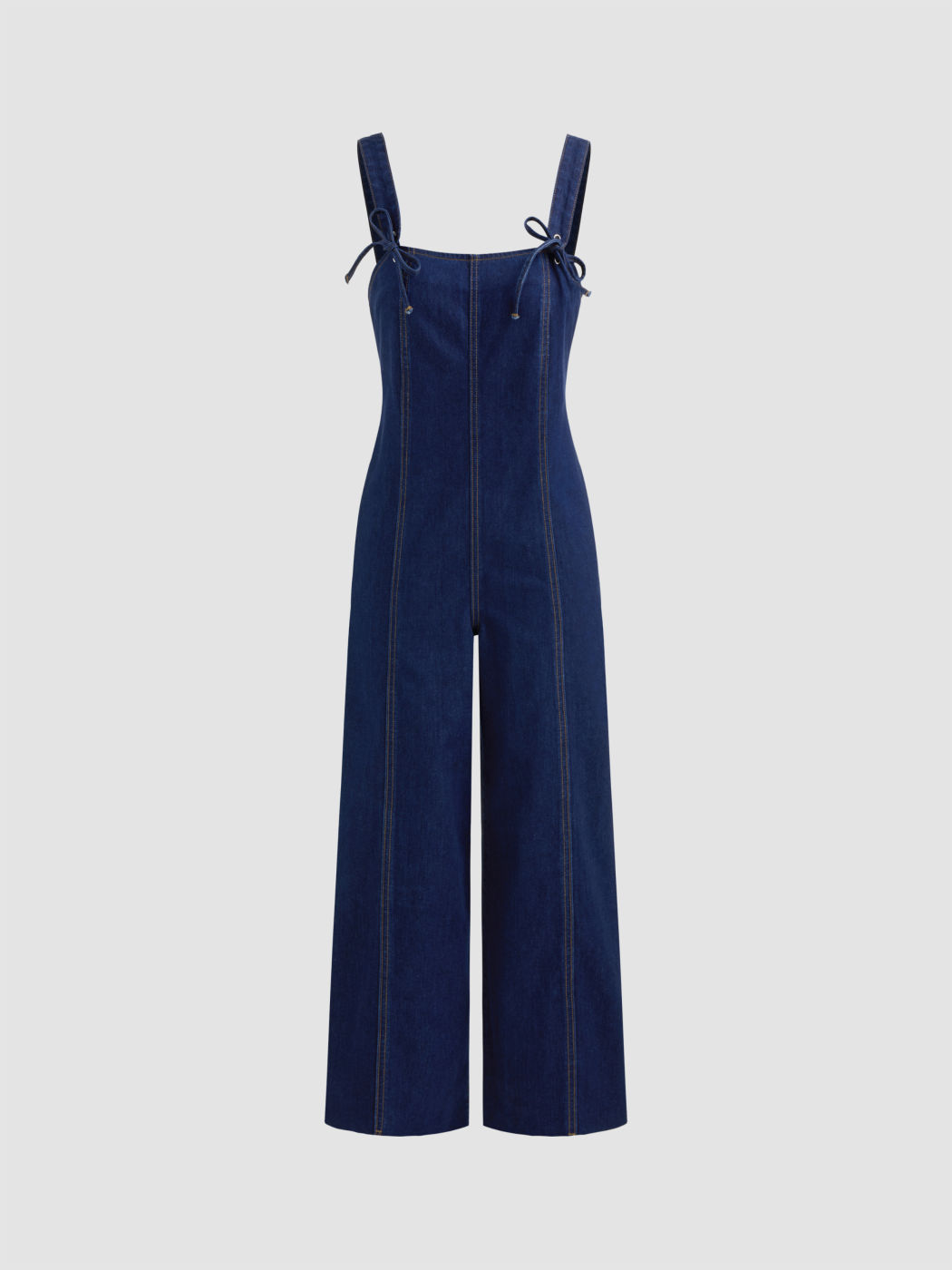 Denim Solid Bowknot Pocket Zipper Jumpsuit