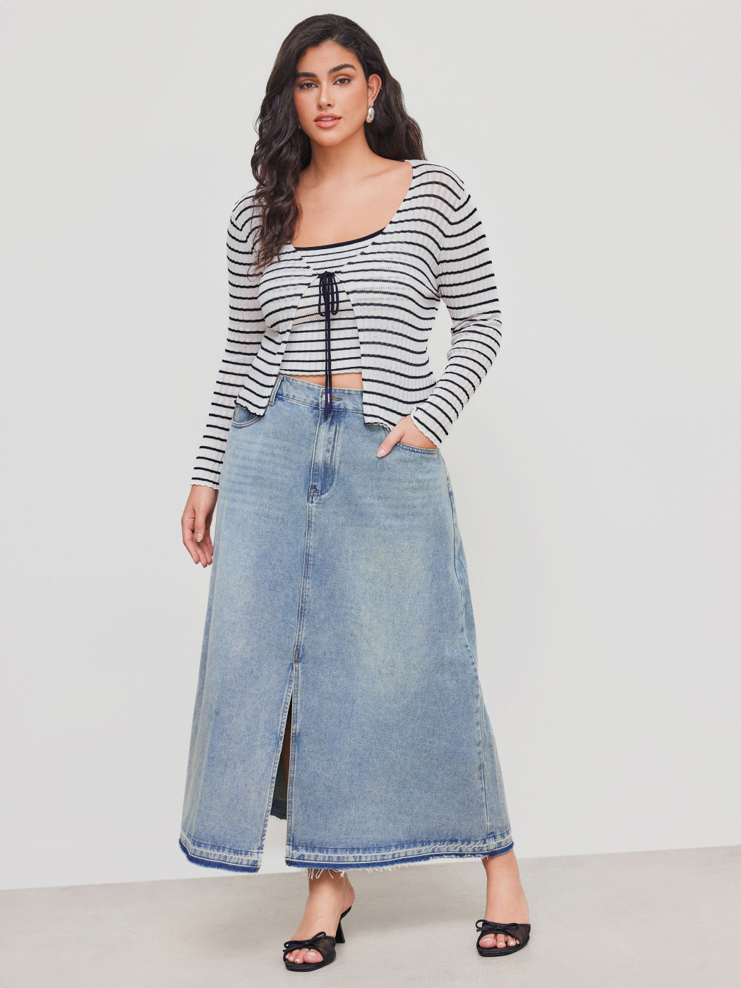 Knit V-neck Striped Knotted Long Sleeve Top With Knit Striped Crop Cami Top Curve & Plus