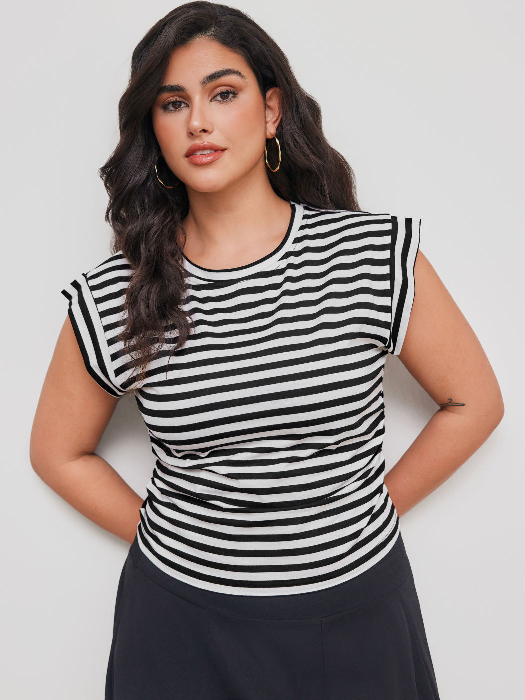 100% Cotton Round Neckline Striped Ruched Top Curve & Plus