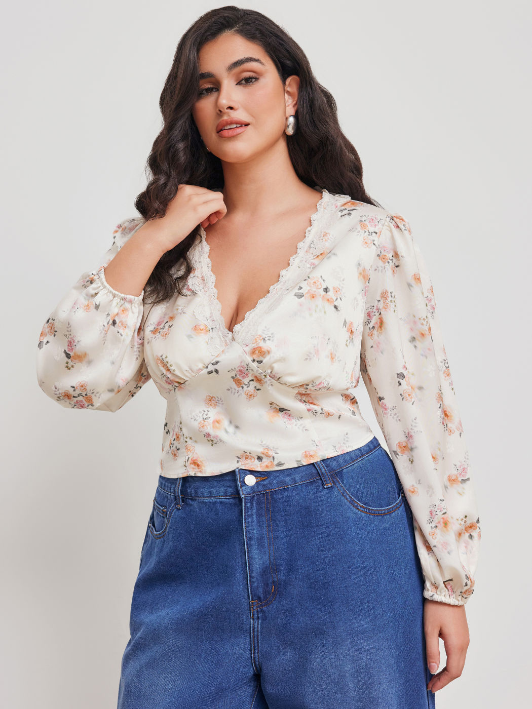 Satin V-neck Floral Lace Trim Long Sleeve Crop Blouse Curve & Plus