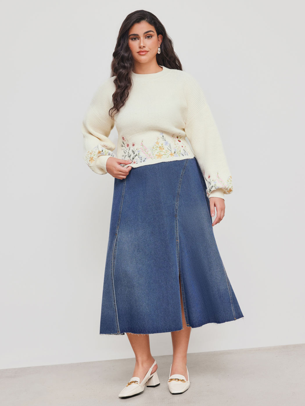 Strick Rundhals Floral Stickerei Crop Pullover Kurve & Plus