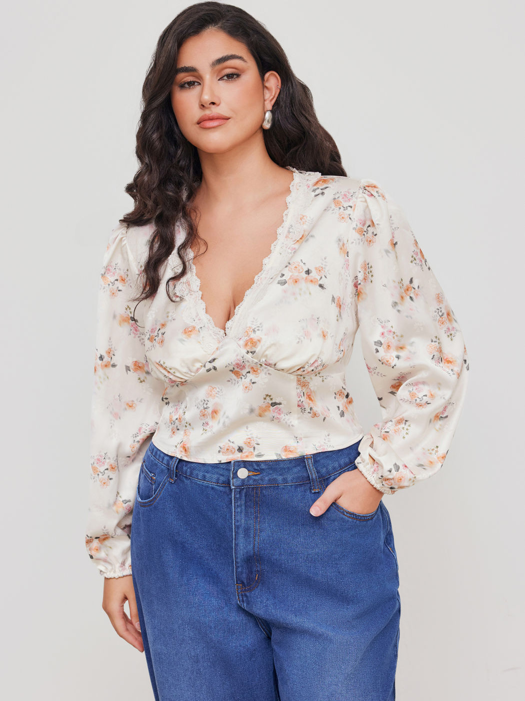 Satin V-neck Floral Lace Trim Long Sleeve Crop Blouse Curve & Plus