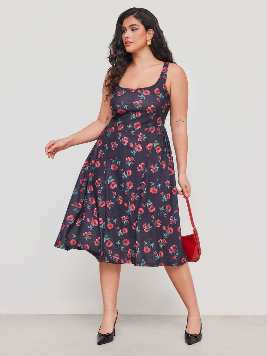 Square Neck Floral Ruffle Zipper Maxi Dress Curve & Plus