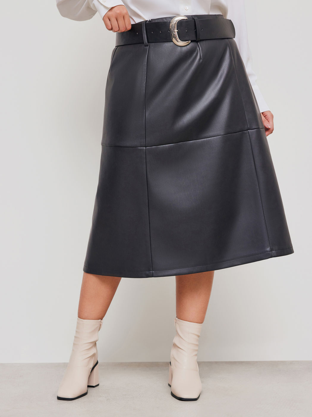 Kunstleder Mid Rise Unifarbener Midirock Mit Gürtel Kurve & Plus