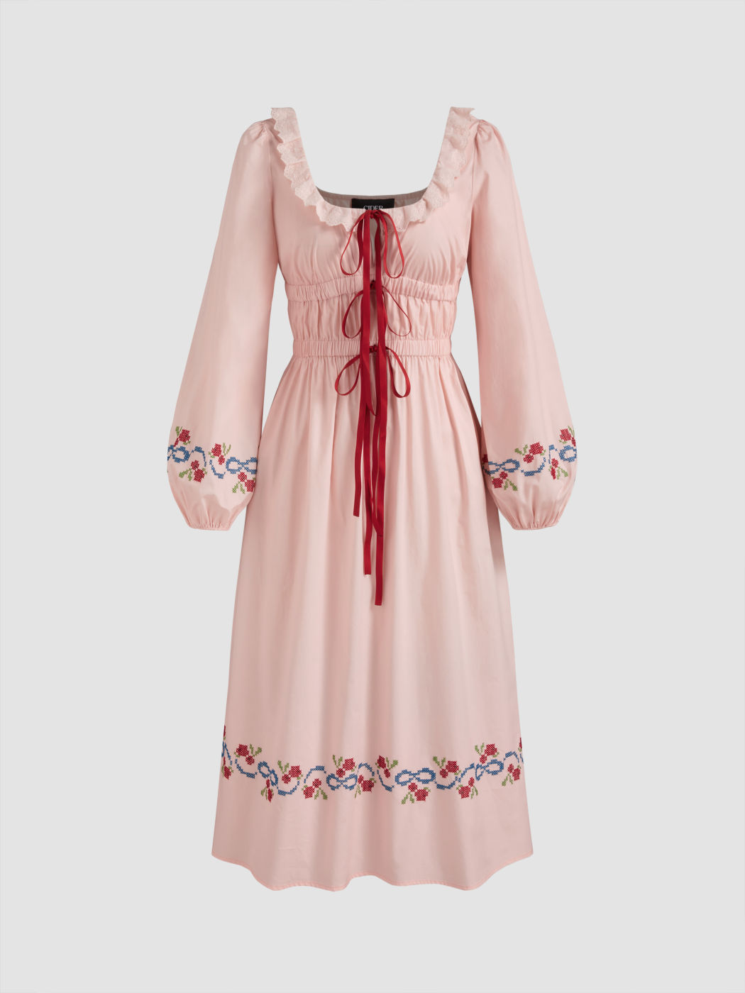 100% Cotton Scoop Neckline Embroidery Shirred Knotted Midi Dress