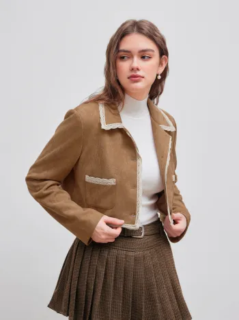 Suede Collar Solid Contrasting Binding Zipper Crop Bomber Jacket