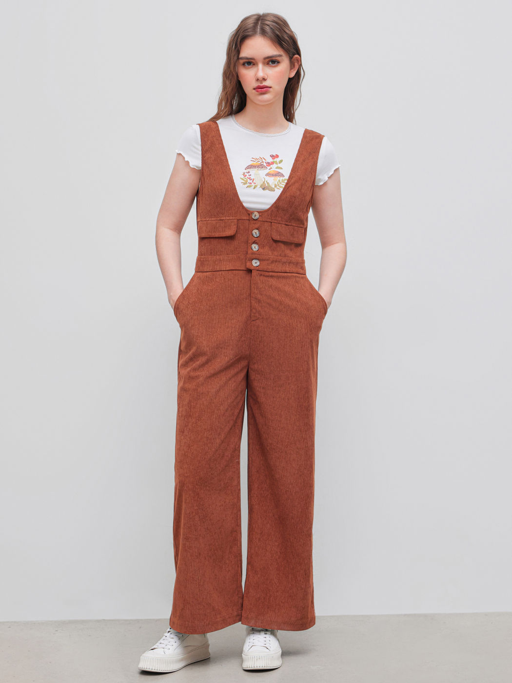 Corduroy Scoop Neckline Solid Button Pocket Jumpsuit
