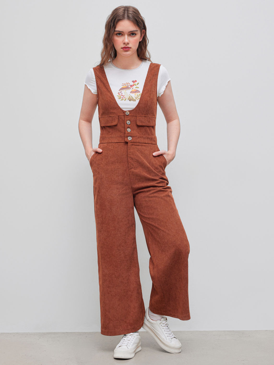 Corduroy Scoop Neckline Solid Button Pocket Jumpsuit