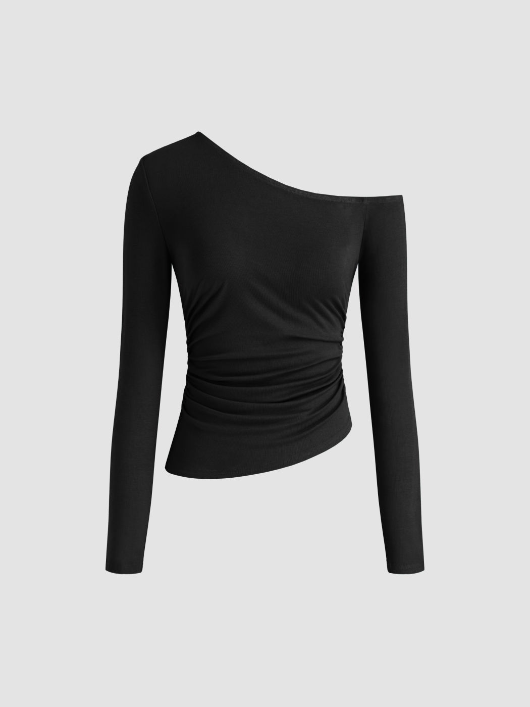Asymmetrical Neck Solid Ruched Long Sleeve Top