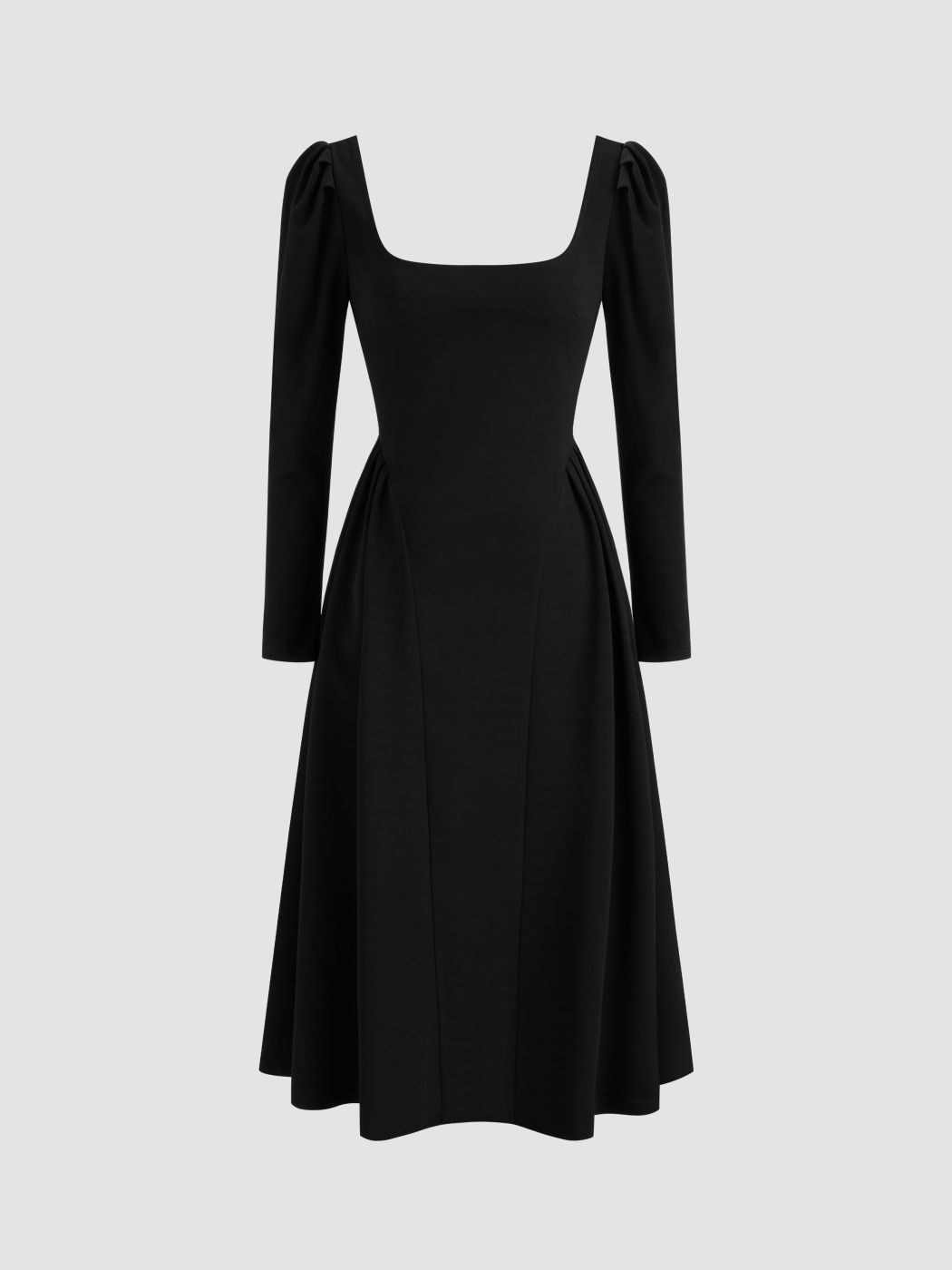 Square Neck Solid Ruffle Zipper Long Sleeve Midi Dress