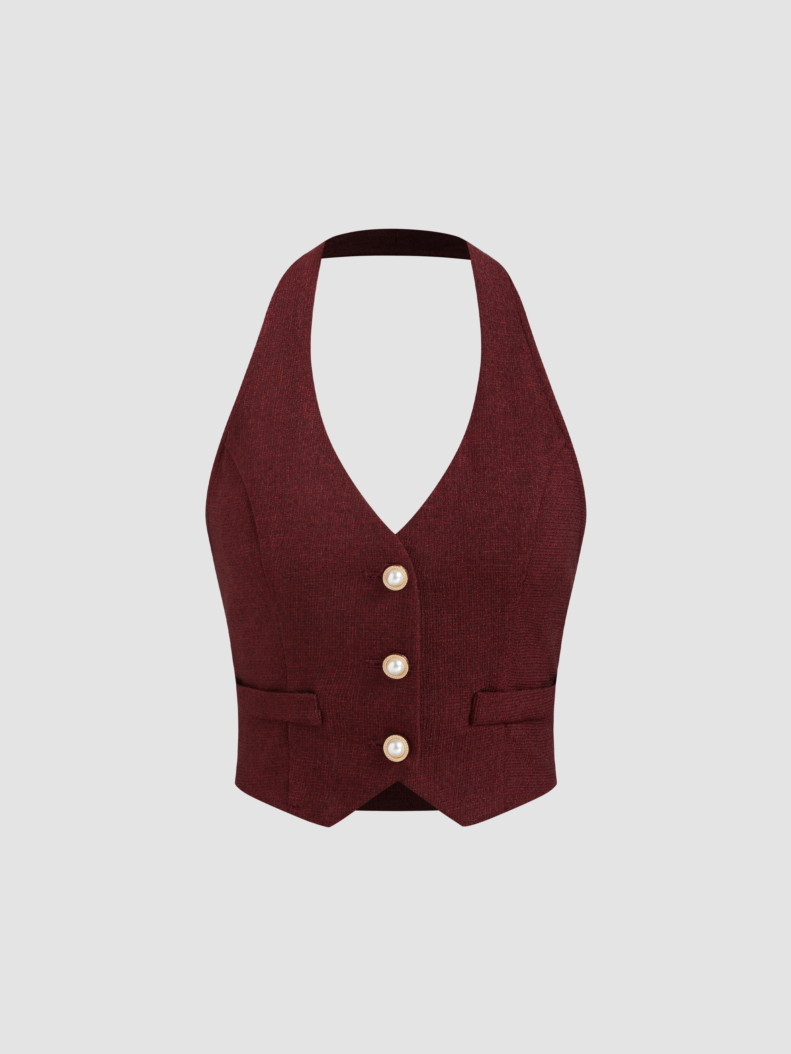 Woven Woven Halter Pearl Button Crop Vest For Work