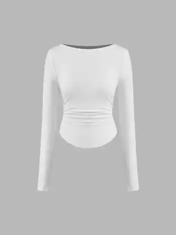 Bootsausschnitt Einfarbig Gerafftes Langarmshirt & Bootsausschnitt Einfarbig Gerafftes Langarmshirt