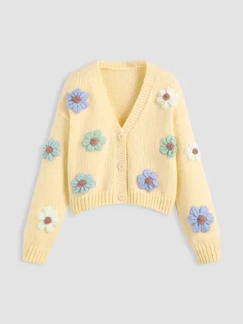 V-Ausschnitt Knopf Blumen Strickjacke