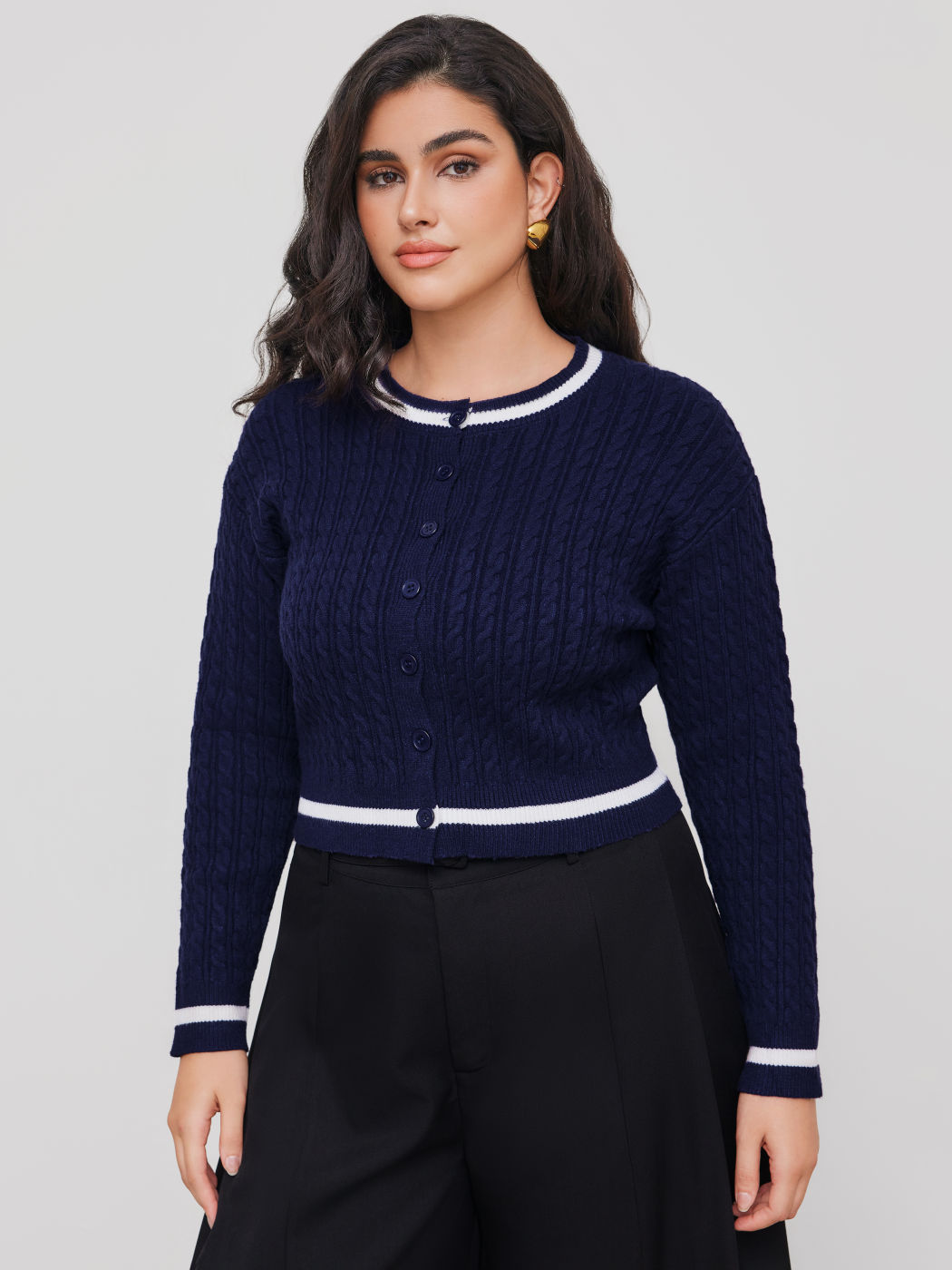 Cable Knit Round Neckline Solid Button Contrasting Binding Cardigan Curve & Plus