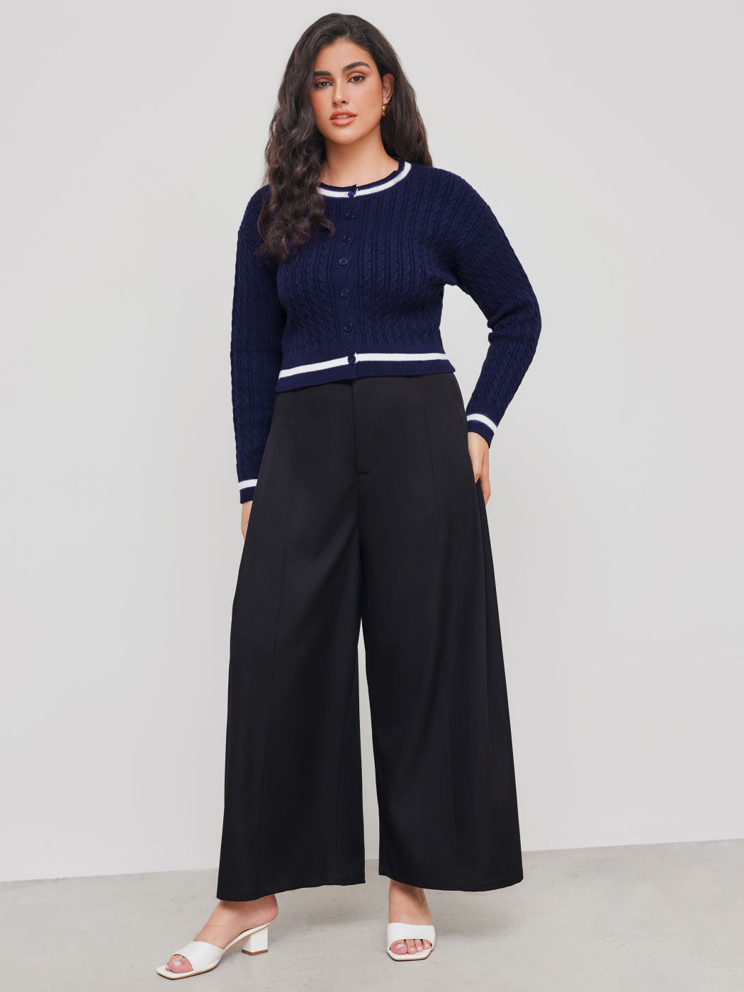 Cable Knit Round Neckline Solid Button Contrasting Binding Cardigan Curve & Plus