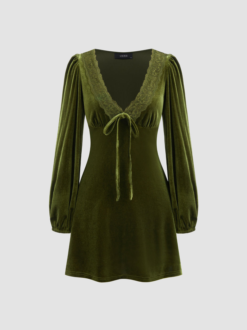 Velvet V-neck Solid Lace Trim Knotted Mini Dress