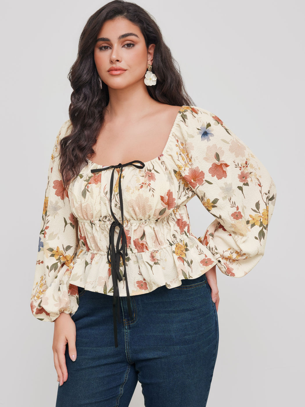 Quadratischer Ausschnitt Florales Geknotetes Langarm Blusen Kurve & Plus