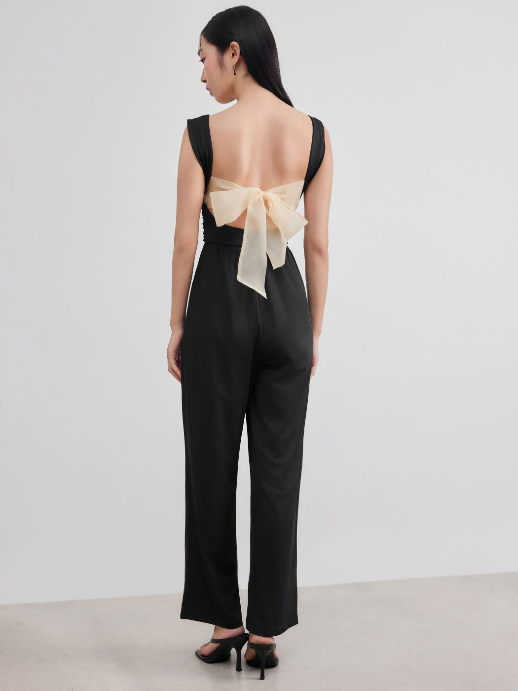 Square Neck Solid Ruched Bowknot Jumpsuit