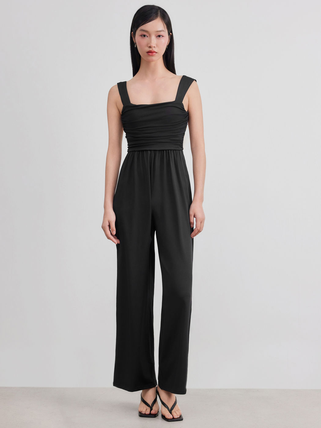 Square Neck Solid Ruched Bowknot Jumpsuit