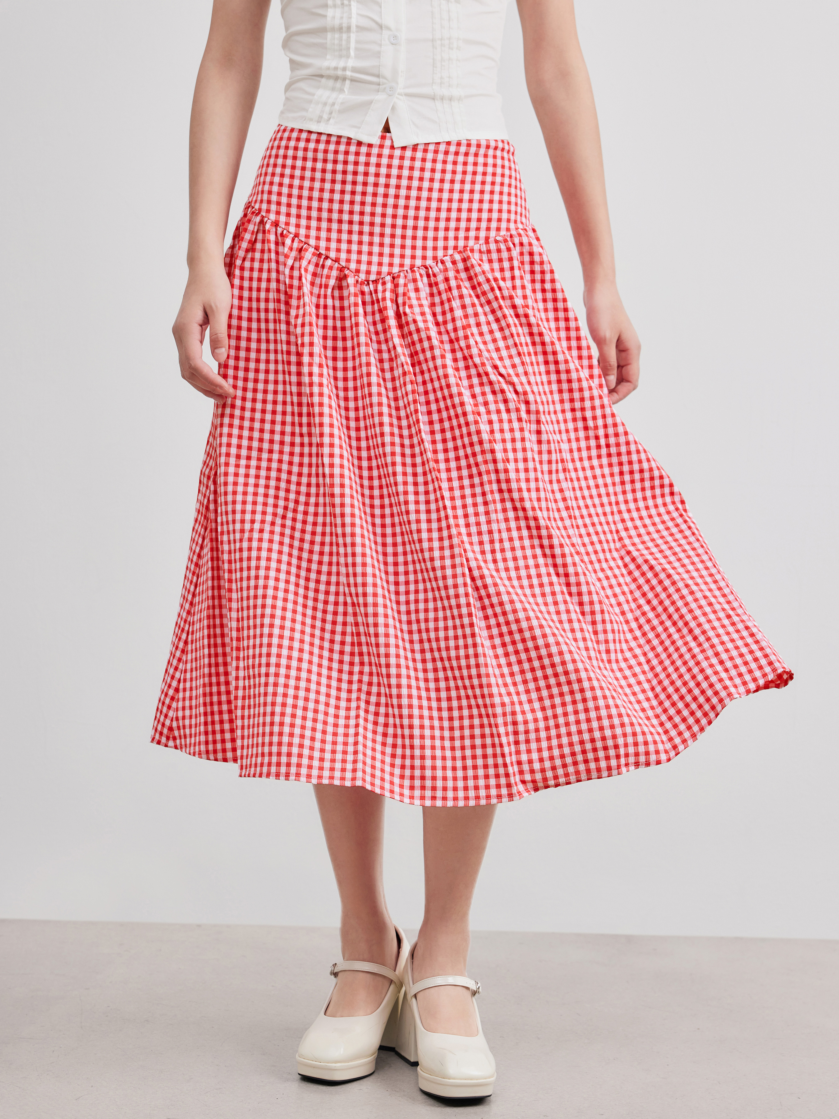 Long Skirts Woven Low Rise Gingham Zipper Midi Skirt For