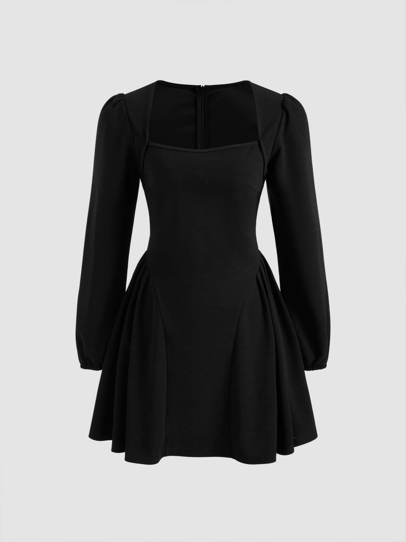 Square Neck Solid Pleated Ruffle Zipper Mini Dress