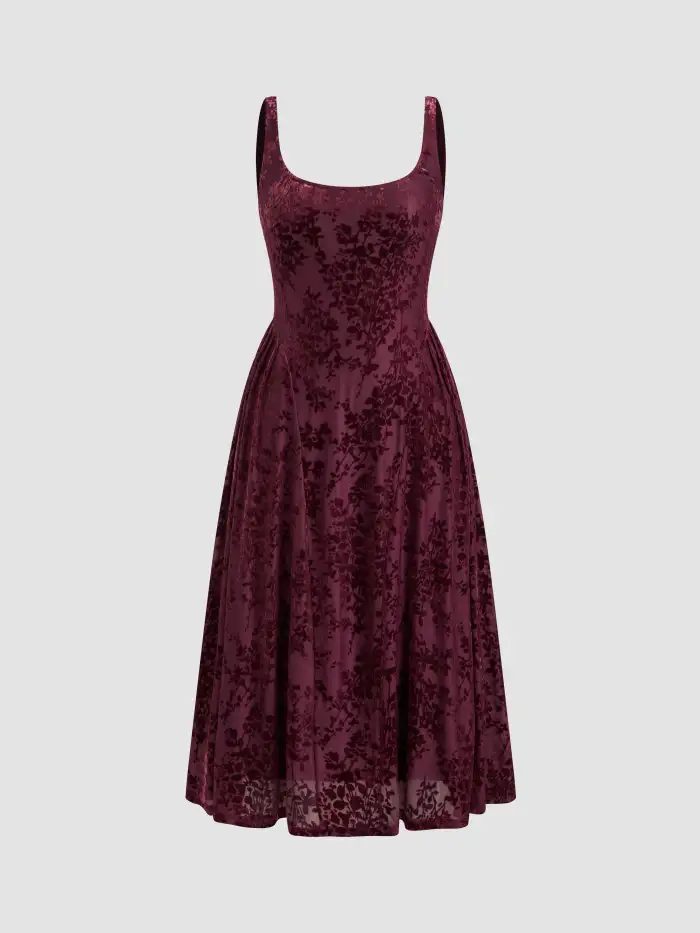 Velvet Scoop Neckline Solid Knotted Midi Dress